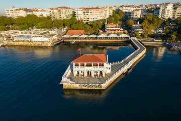 Historical Moda Pier. Moda neighbourhood of Kadikoy, Istanbul, Turkey. Beautiful aerial view. Drone...