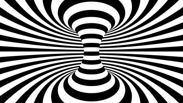 Abstract hypnotic black and white 3d geometrical stripes optical illusion tunnel. 4k Evolving op art motion graphics looping background 



