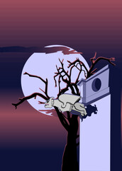 Stone gargoyle on top off the roman pillar. Front view. Vector Flat.