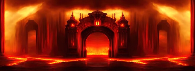 Gate to hell, the passage to the realm of the dead. The gate to the domain of the devil Lucifer. Everything is on fire, hellfire. 3d illustration - obrazy, fototapety, plakaty