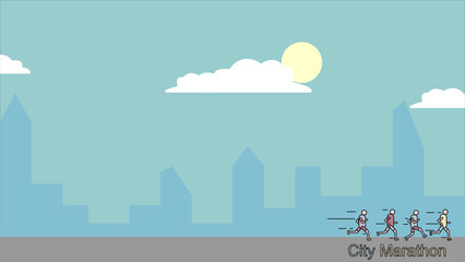 City marathon New York, Boston, Chicago Day Background with Silhouette of building and line art runner , Copy Space Area. Suitable to place on content with that theme. Template Vector illustration