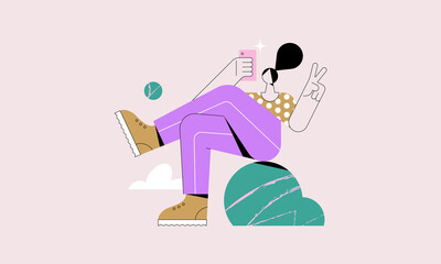 Modern woman with smartphone. Woman in video call. Girl taking a selfie. Character design that says hello via videophone. Remote meeting.