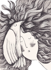  Portrait illustration of a young woman with a big bird in her arms. Sketch of a sweet girl with beautiful, flowing hair in the wind . Old school, vintage drawing, sweet character.