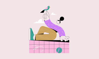 Woman who takes the time to live. Character lying with a bird on his hand. Person who admires the sky. A moment of relaxation and connection with nature.