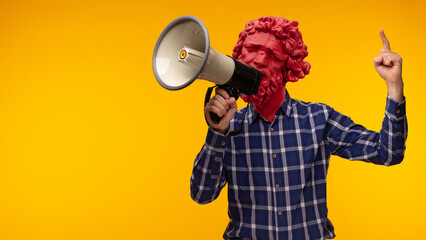 Abstract modern collage. The man with the plaster head of David with a megaphone on yellow background