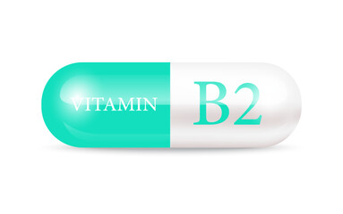 Capsule vitamin B2 (Thiamine) structure green, white. Vitamin complex with chemical formula. Drug business concept. Personal care, beauty concept. 3D Vector Illustration. transparent capsule pill.	