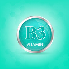 Vitamin B3 icon structure light green substance. Personal care, beauty concept. Medicine health symbol of thiamine. Drug business concept. Vector Illustration. 3D Vitamin complex with chemical formula