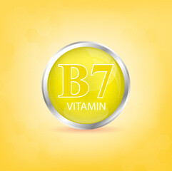 Vitamin B7 icon structure yellow substance. Personal care, beauty concept. Medicine health symbol of thiamine. Drug business concept. 3D Vector Illustration. Vitamin complex with chemical formula.	