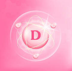Vitamin D icon structure light pink substance. Medicine health symbol of thiamine. Drug business concept. Vector Illustration. 3D Vitamin complex with chemical formula. Personal care, beauty concept	