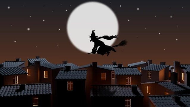 Halloween Witch Flying Over The town Loop