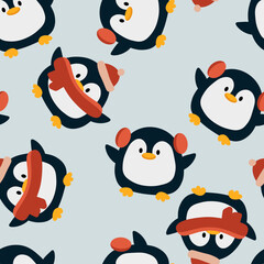 Winter cute patten with penguins in red caps and headphones with a scarf. Background for textiles, vinyl print.