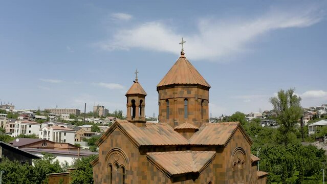 Aerial footage Surb Astvatsasin Church (NORK) in Nork-Marash district, Yerevan, Armeina. Aerial view Armenian Apostolic Church in Yerevan, Armenia, Caucasus.  