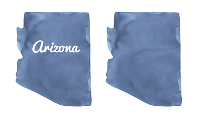 Watercolour illustration set of Arizona State Map Outline in two variation: blank one template and with text lettering example. Hand painted water color sketchy drawing, cut out element for design.