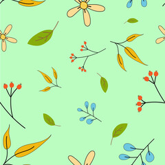 Obraz premium Seamless Pattern Leaves with yellow, green, blue stems with yellow flowers. Hand drawn cute on green background. Designed for clothes, curtains, garments, blankets, home products, tiles.