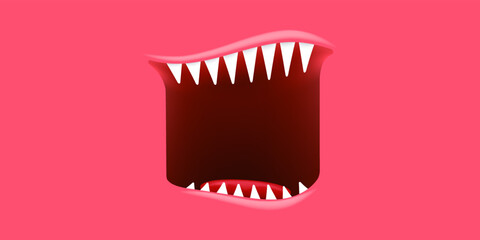 Vector Cartoon open monster mouth isolated on pink background. Funny and cute Halloween Monster open mouth with big vampire fangs or teeth and red tongue. Halloween card design template