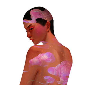Woman with flower pattern, facing back, oriental illustration, transparent background