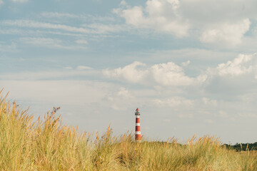 Fototapeta na wymiar The Lighthouse on Ameland (Bornrif) between the beautiful dune grass