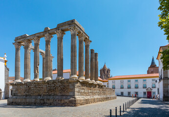 Portugal, August 2022: Ruins of a Roman temple, Evora, Alentejo, Portugal