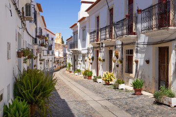 Fototapeta na wymiar Portugal, August 2022: Traditional cobbled street with white houses and plants on the street, Castelo de Moura street, Algarve, Portugal