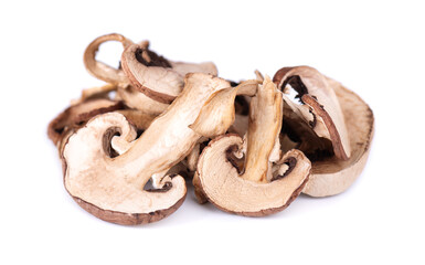 Dried sliced mushrooms isolated on white background. Dry champignons.