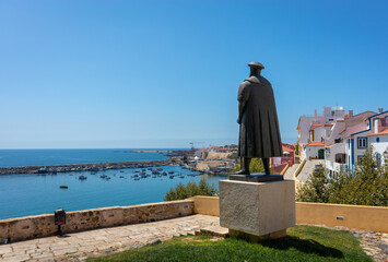 Portugal, August 2022: Vasco da Gama sculpture looking at the Atlantic ocean in his hometown Sines,...