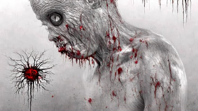 Generative AI animation of surreal painting of a deformed bloody zombie drawing. Digital image painted manipulation Halloween videoloop impressionism style.