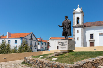 Portugal, August 2022: Vasco da Gama statue in Sines, Alentejo, Portugal