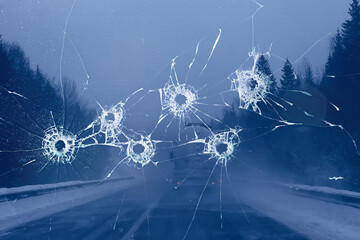 abstract imitation of a bullet broken glass car, war, attack crime, accident