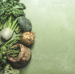 Healthy green vegetables background, border