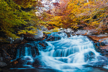 Long exposure of a waterfall with fall colors in the background.