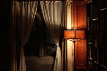 Fototapeta premium Beautiful quiet lamp glowing with light on wooden wall.