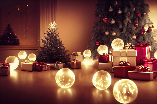 Wohnzimmer mit Christbaum, Geschenken und Dekoration an Weihnachten, Illustration
