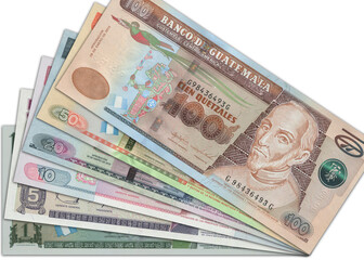 Paper money from Guatemala. Guatemalan quetzal. Close up banknotes from Guatemala. Guatemalan currency 