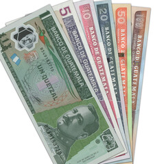 Paper money from Guatemala. Guatemalan quetzal. Close up banknotes from Guatemala. Guatemalan currency 