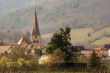 Fototapeta na wymiar Le clocher tors de l'église Saint-Gall, Niedermorschwihr et son vignoble, Alsace, France, Europe