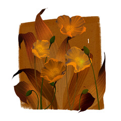 Blooming flowers, plants, transparent background, oriental illustration