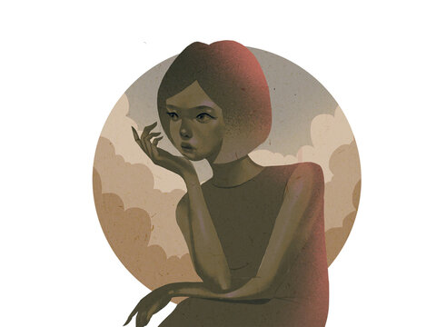 Woman surrounding by flowers, surrealistic painting,  oriental illustration, transparent background, circle cutout