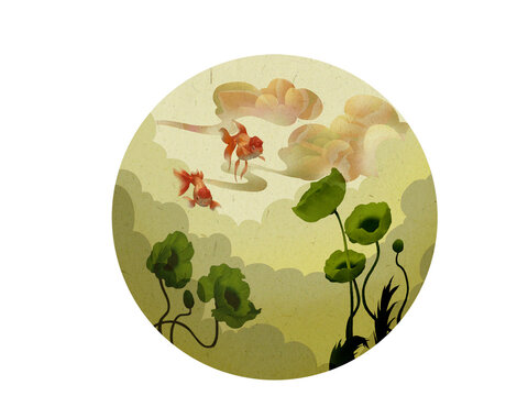 Vintage painting with flowers and golden fish in a circle, oriental illustration