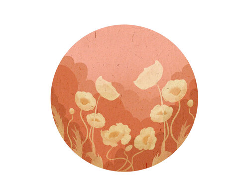 Vintage painting with flowers and golden fish in a circle, oriental illustration