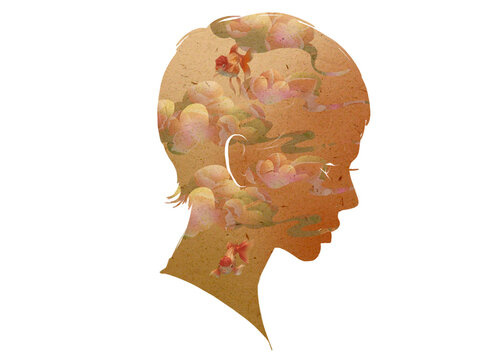 Woman silhouette with flowers and golden fish, surrealistic painting, transparent background, warm colors, fall, autumn, summer, cutout, oriental illustration