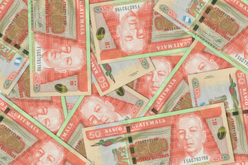 Paper money from Guatemala. Guatemalan quetzal. Close up banknotes from Guatemala. Guatemalan currency 