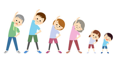 準備体操をしている家族