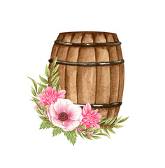 Watercolor Floral Wooden barrel . Wooden barrel and flowers. Farmhouse rustic clipart isolated
