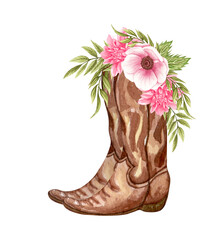 Watercolor Flowers in boots. Cowboy boots and flowers. Farmhouse rustic clipart