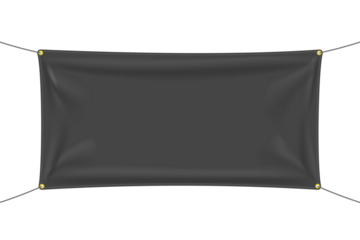 Black textile banner with folds, PNG isolated on transparent background
