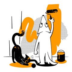 Dog and cat paint the fence