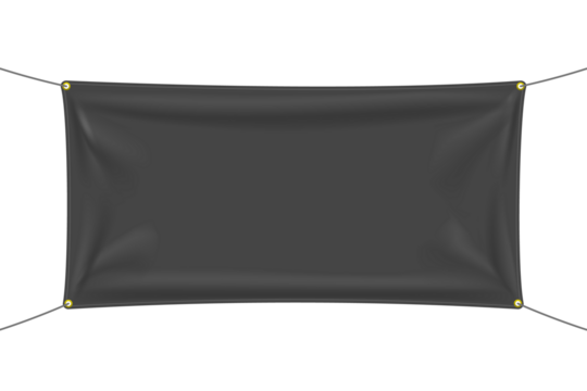 Black textile banner with folds, PNG isolated on transparent background