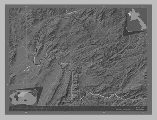 Bokeo, Laos. Grayscale. Labelled points of cities