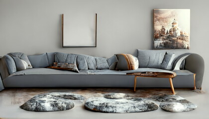 Apartment design concept as an illustration. Living room with a stylish gray sofa with pillows.