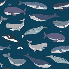Whale sea animal vector seamless pattern.